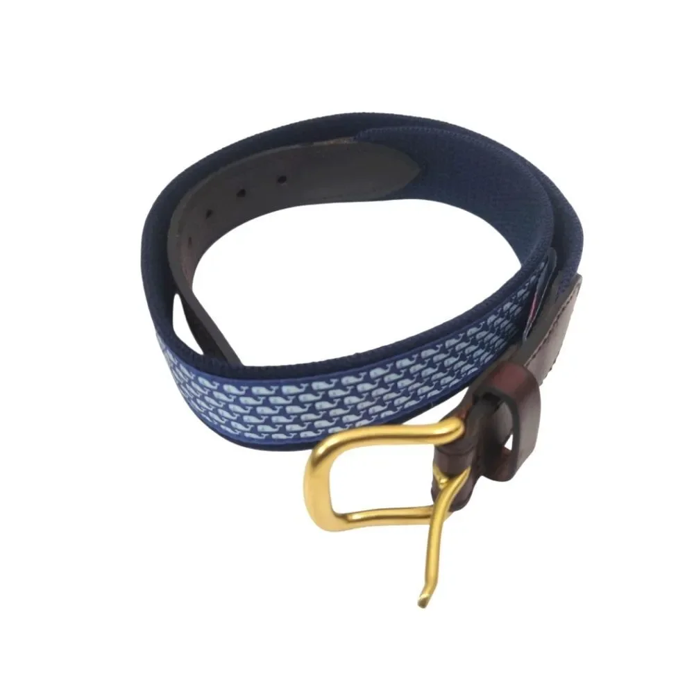 Vineyard Vines Brass Buckle Leather Trim Cotton Blend AOP Whale Logo Belt 28